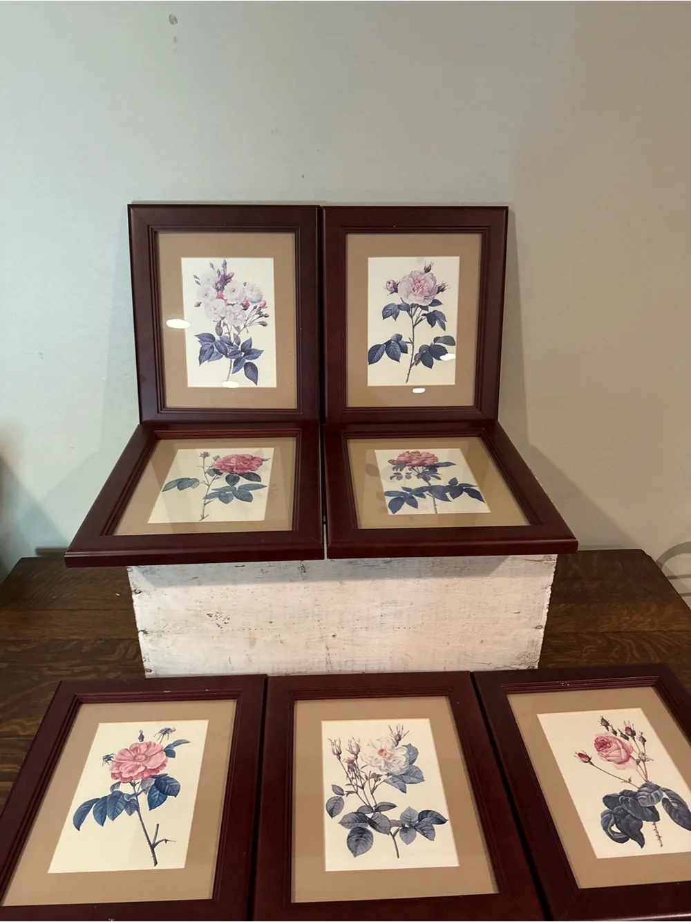 Set Of 7 Vintage Floral Botanical Pink, Mauve & Cream Art Print, Matted & Framed